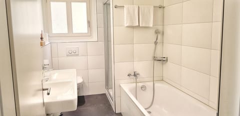 Separate tub and shower, hair dryer, towels