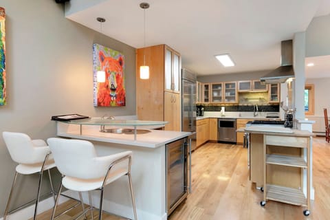 Modern kitchen with light wood cabinets, stainless steel appliances, a breakfast bar with two white stools, and colorful art on the wall.