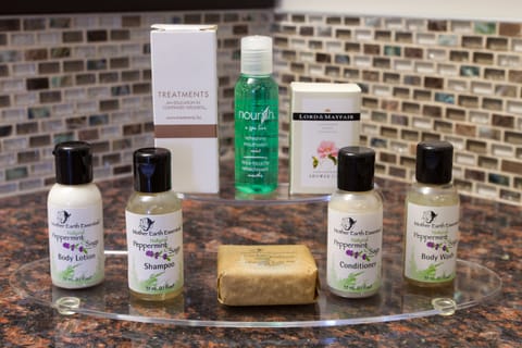 Eco-friendly toiletries, hair dryer, towels