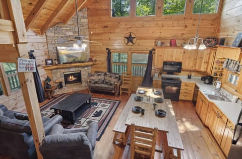 Open main floor area with gas fireplace, large dining table, and open kitchen