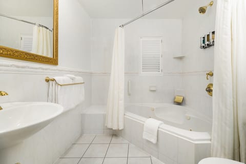 Deluxe King Spa + Fireplace | Bathroom | Free toiletries, hair dryer, bathrobes, towels