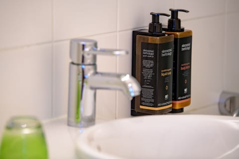 Eco-friendly toiletries, hair dryer, slippers, towels