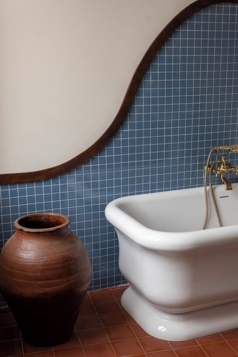 Separate tub and shower, hair dryer, towels, soap