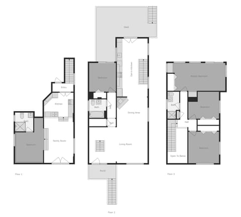 House layout. Floor 1 is the basement, floor 2 is the main floor & floor 3.