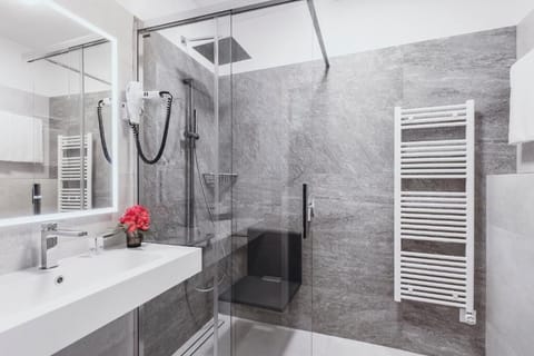 Shower, free toiletries, hair dryer, towels