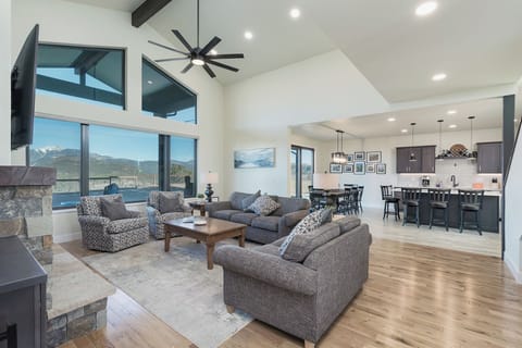 Main Living, Dining and Kitchen - TV, Wood burning fireplace and views