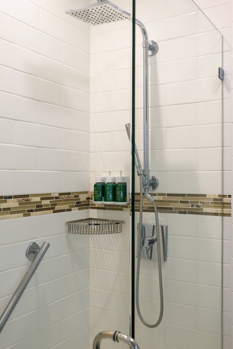 Combined shower/tub, free toiletries, hair dryer, towels