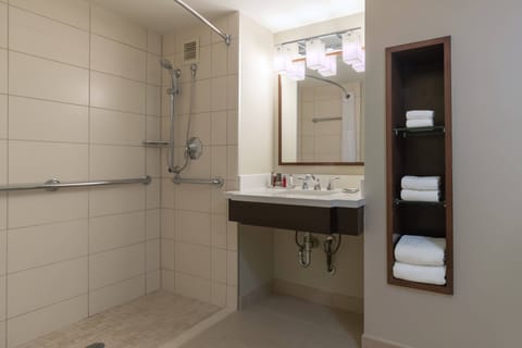 Room, 1 King Bed (Mobility Accessible, Roll-In Shower) | Bathroom | Designer toiletries, hair dryer, towels