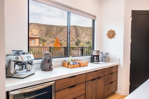 Coffee Bar with cappuccino maker, Keurig and Drip Coffee maker.