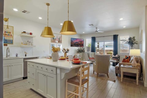 Living, dining, and kitchen area