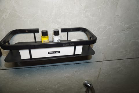 Shower, slippers, towels, soap