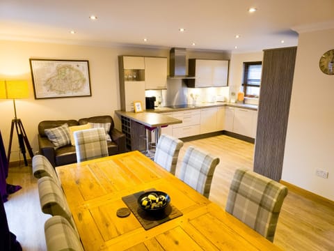 A bright dining area with seating for eight