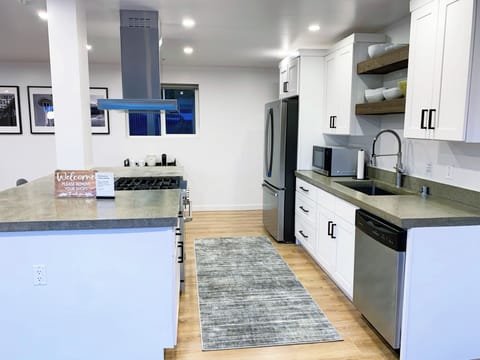 Chef's kitchen w/ large island, concrete countertops, and stainless appliances.