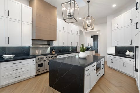 High end stainless steel appliances and large island