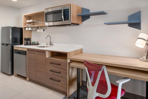 Desk, laptop workspace, blackout drapes, iron/ironing board