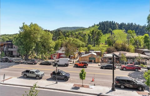 Summer view from window. There is a farmers market on Saturdays on this street.