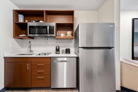 Desk, laptop workspace, blackout drapes, iron/ironing board