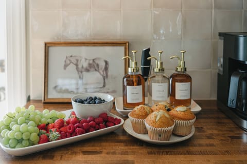 Enjoy host-provided drip- and Keurig coffee with flavored syrup.