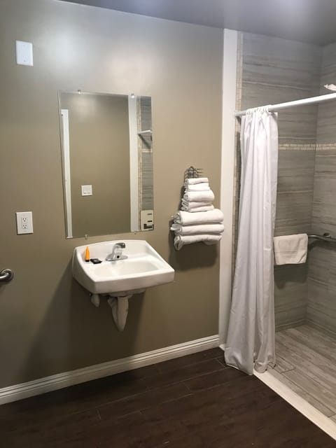 Standard Single Room, 2 Queen Beds, Roll-in Shower, Non Smoking | Bathroom | Towels, soap, shampoo, toilet paper