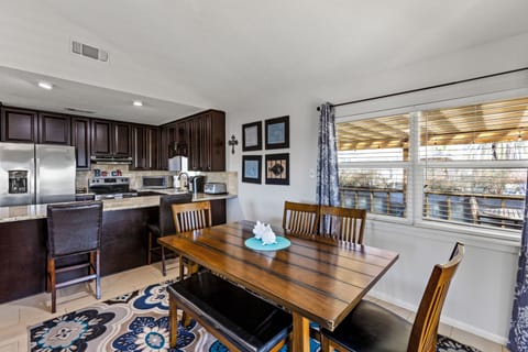 The dining table seats six.