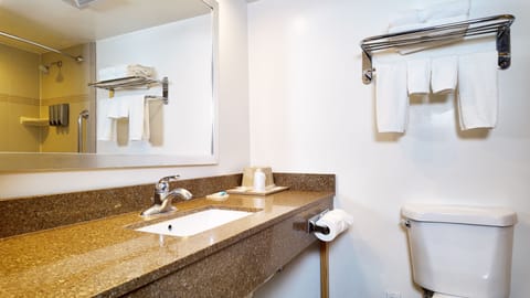 Hair dryer, towels, soap, shampoo