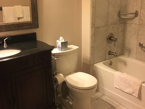 Combined shower/tub, free toiletries, hair dryer, soap