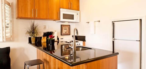 Room 9 Poolside Studio  | Private kitchen | Full-size fridge, microwave, oven, stovetop