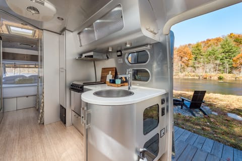 Riverfront Airstream | Private kitchenette | Microwave, stovetop, coffee/tea maker, cookware/dishes/utensils