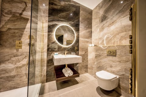 Hair dryer, soap, shampoo, toilet paper