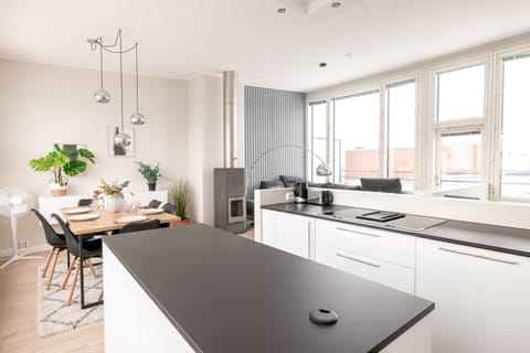 Luxury Penthouse, City View | Private kitchen | Full-size fridge, microwave, oven, dishwasher