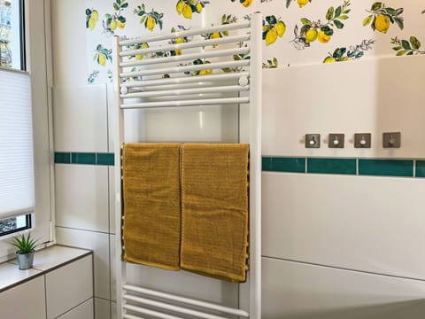 Wall, Yellow, Bathroom, Interior Design, Plumbing Fixture, Plumbing, Tile, Tap