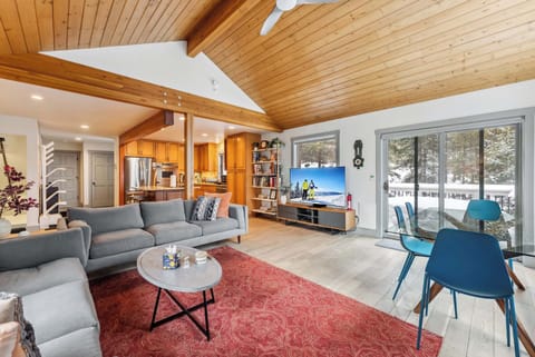 Living room 1: Main floor, wood-burning fireplace, TV with Roku, mountain views
