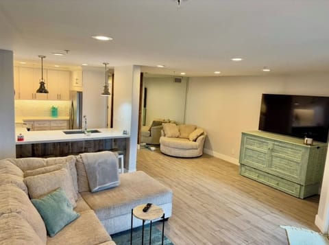 Large living room, 75”TV, cuddler, bar with 3 barstools, queen size Murphy bed