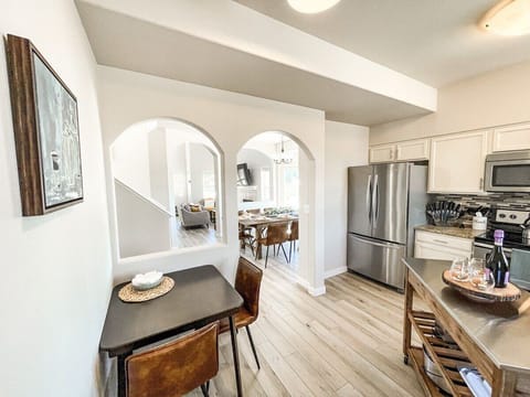 The kitchen is stocked with everything you need to prepare your meals. We have a fridge, electric stove, microwave