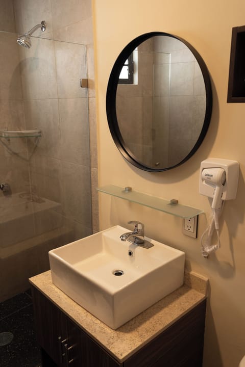 Shower, hair dryer, soap, shampoo