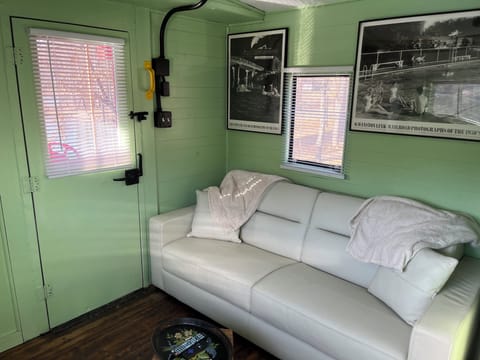Sitting area with couch, tv, roku, and dvds
