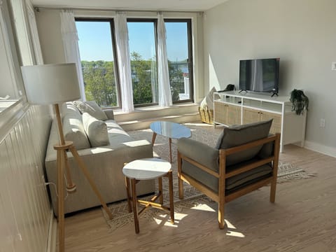 Living room, with water view up the river