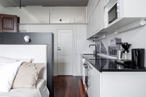 The unique layout includes a charming sleeping nook and a fully equipped kitchen, all within the same room separated by a stylish partition.
