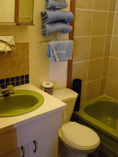 Combined shower/tub, deep soaking tub, free toiletries, hair dryer