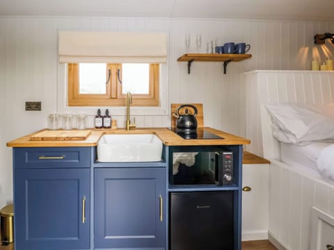 Fridge, electric kettle, toaster, cookware/dishes/utensils