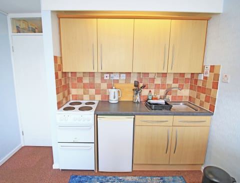 Fridge, electric kettle, toaster, cookware/dishes/utensils