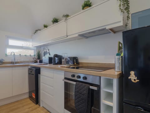 Fridge, dishwasher, electric kettle, cookware/dishes/utensils