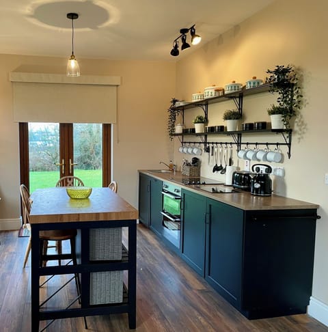 Kitchen area has cooking utensils, electric oven & hob, fridge & dishwasher