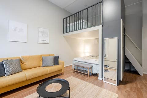 There are one double bed in the loft, one double bed and a bed sofa in the living room.