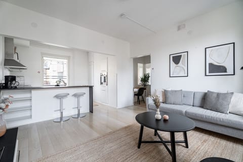 The apartment is a one-bedroom apartment with an open concept kitchen