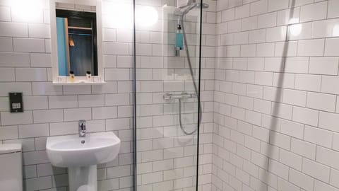 Shower, eco-friendly toiletries, hair dryer, bathrobes