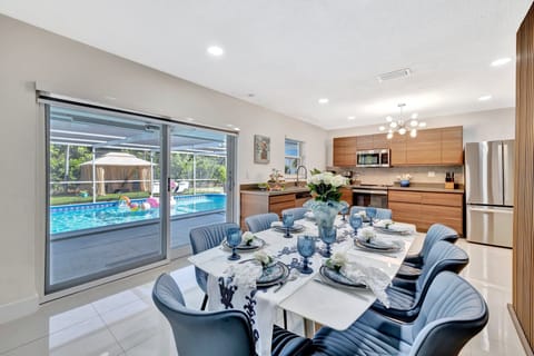 Get a view of the pool from the dining area