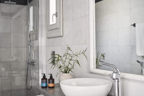 Shower, designer toiletries, hair dryer, bathrobes