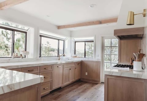 brand new kitchen where every window looks at water. The door leads to the side patio.