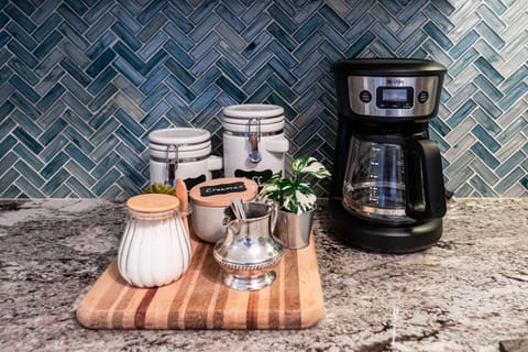 Help yourself to the coffee/t bar in kitchen with coffee, tea, sugar and creamer